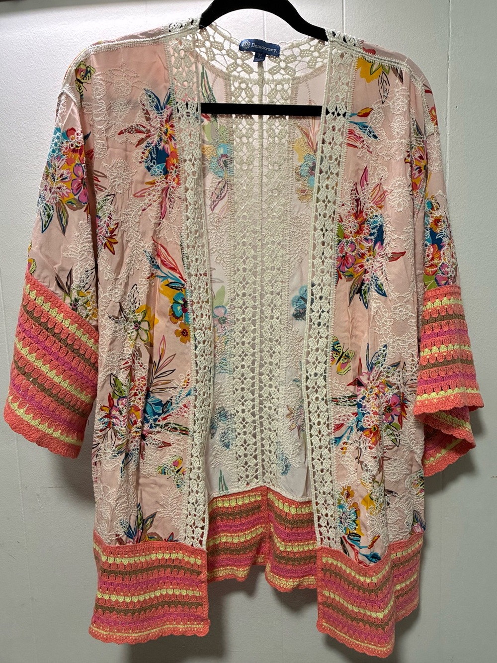 Democracy Light Pink Floral Crochet-Trim Open Kimono